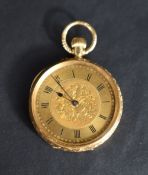 A small early 20th Century 18ct gold top wound pocket watch by Benson of London having Roman numeral