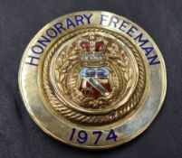 A silver gilt and enamel Honorary Freeman of Barrow brooch dated 1974
