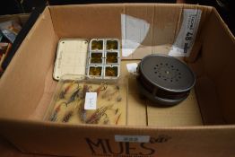 A Hardy fly reel marked 'the Perfect' size 3 7/8 and having an agate ring along with a box of salmon