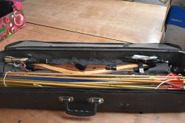 A cased Samick Take Down compound bow with a selection of arrows 68inch 38LB