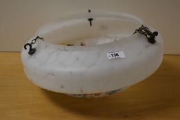 A large Art Deco opaque mottled white glass plaffonier, having hand painted pansy pattern in purple,