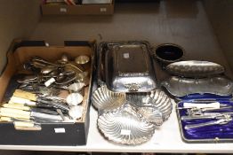 A shelf of plated ware including a tri bon bon dish, boxed shelfish set, serving trays, miniature
