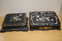 Two Victorian lacquered writing slopes, with Mother of Pearl inlay, the largest measures 7cm x