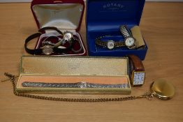 An assortment of wristwatches including a Rotary in original box, a Sekonda, a full hunter Rone