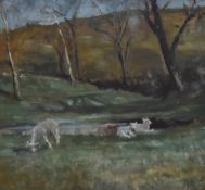 Beatrice Willink (1856-1924, British), oil on board, Lambs grazing in a countryside setting,