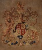 19th Century, a Georgian needlework sampler, The Coat of Arms for George III, framed, having gilt