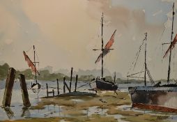 John Lewis (20th Century, British), watercolour, Moored boats, signed to the lower right, framed,