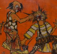 Jan Huntley (20th Century), batik print, 'Incarnadine', a striking portrayal of two clowns, framed