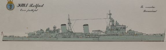 20th Century, coloured print, 'HMS Belfast - Ever Faithful', framed, mounted, and under glass,