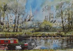 20th Century School, coloured print, Oxford canal with rowers, framed, mounted, and under glass,