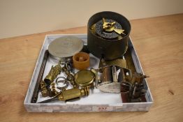 A miscellany of items, including brass wax sealing stamps, a 1930s Newbridge controller, thermometer