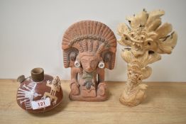 A 20th Century terracotta Mayan deity study, measuring 18cm tall, an Oceanic grotesque wooden