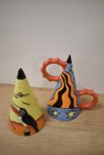 Two Art Deco style Lorna Bailey sugar sifters, one having orange looped handles, limited editions