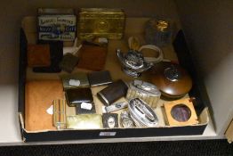 An assortment of smokers memorebelia including table lighters and a Webb and Corbett crystal table