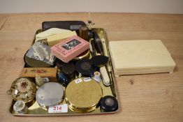 A miscellaneous selection of ladies vanity accessories including a marquetry thimble case, several