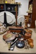 A collection of vintage treen, including distaff, turned vase, bellows and shaving stand.