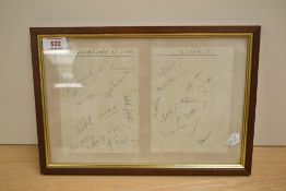 A 1950 Cricket Match framed signed pages, Lancashire XI vs Yorkshire XI Cricket Teams signed