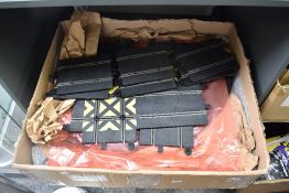 Six shelves of modern Scalextric Track, Card Grandstands, Accessories, Cars, Re-Fueling Crews,