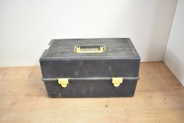 A collection of mixed vintage Meccano in a plastic tool box with three shelves