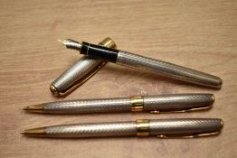 A boxed Parker Sonnet Fougere converter fill fountain pen, ballpoint pen and propelling pencil set