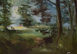 20th Century School, oil on board, 'Edge of the Wood', initials to the lower right, framed,