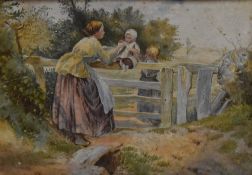 19th/20th Century School, watercolours and gouache, A painting lady walking along a woodland