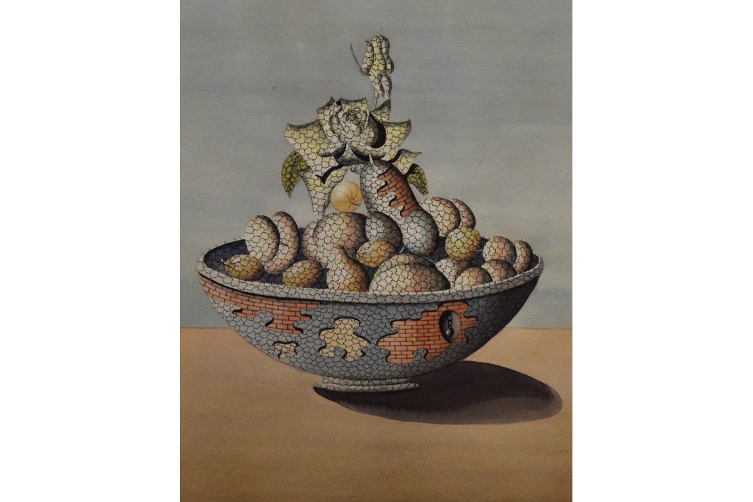 Gordon Davy (20th Century, British), watercolour, A surrealist illustration depicting a basket of - Image 1 of 3