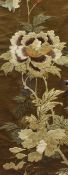 20th Century Japanese School, embroidered panel, Exotic birds with peony flower, framed, mounted,