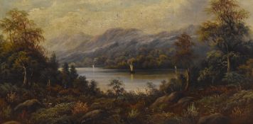 Albert Harris (19th Century, British), oil on canvas, An idyllic, autumnal landscape depicting boats