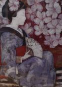 20th Century Japanese School, coloured print, A seated Geisha girl with fan, framed and under glass,