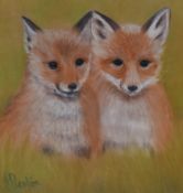 Jean Preston (20th Century, British), pastel, 'Waiting for Mother', two fox cubs, signed to the