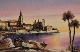 20th Century Continental School, oil on canvas, A Mediterranean landscape at low light, displayed