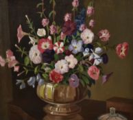 20th Century School, oil on canvas, A still life arrangement depicting a vase of flowers against a