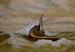 R.J. Thomas, oil on canvas, A steamboat at sea, signed and dated 1991 to the lower right, framed,