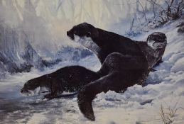 After Dorothea Buxton-Hyde (b.1942, British), coloured print, 'bewilderment', A family of otters,