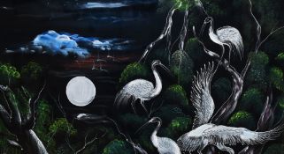 20th Century School, painting on cloth, An Oriental style painting depicting nesting cranes within a