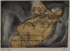 Sarah Ozanne (contemporary), artist's proof, 'Musique', a sheet music collage, initials 'SJO' to the