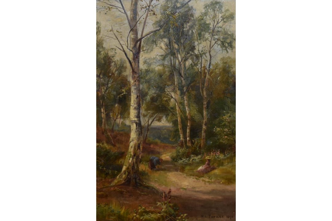 William Lakin Turner (1867-1936, British), oil on canvas, A woodland path with silver birch trees, - Image 1 of 4