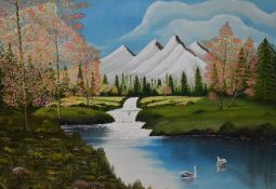 'Tom T.' (20th Century), oil on board, A picturesque landscape depicting an idyllic river with snowy