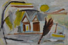 Patrick Hayman (1915-1988, British), oil on paper, 'Cornish Landscape with Tree and Boat' (1954),