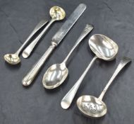 A Victorian sugar sifting spoon of Old English pattern having bright-cut geometric design to the
