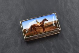 An Elizabeth II silver trinket box of hinged rectangular form, the cover having an enamelled image