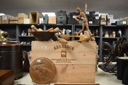 A selection of treen, including pestle and mortar, advertising crate for Aberlour Single Highland