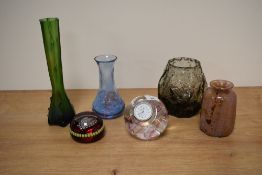 A selection of art glass, including smoky Whitefriars glass vase and green Loetz bud vase.