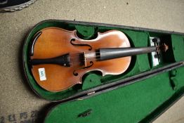 A traditional violin having 13 inch two piece back, with hard case