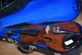 A composite violin having two piece 14inch back, no visible stamps, with vintage hard case
