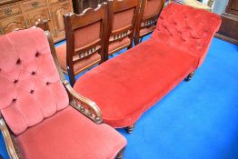 A Victorian mahogany frame chaise longue and similar easy chair