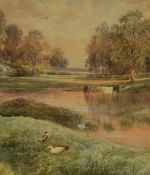 J. Scott (19th/20th Century, British), watercolour, A pastoral landscape with watering cattle,