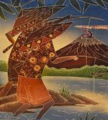 After Ng Kim Hock (20th Century, Singaporean), batik print, Water carriers, a vibrant