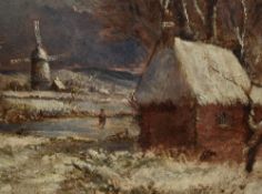 19th Century Dutch School, oil on canvas, A moonlit winter landscape depicting ice skater with
